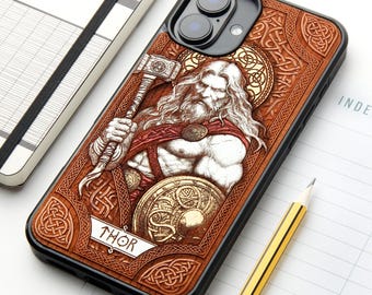 Thor - Custodia per telefono in vero legno incisa a laser e pitturata a mano per tutti i modelli iPhone, Samsung e Google Pixel
