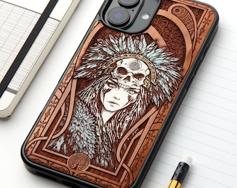 Shaman - Custodia per telefono in vero legno incisa a laser e pitturata a mano per tutti i modelli iPhone, Samsung e Google Pixel