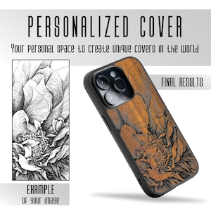 Könnte beinhalten: Eine Smartphone-Hülle mit Holzmaserung und einer floralen Illustration im schwarzen Tintenstil. Das Bild enthält den Text PERSONALIZED COVER, Your personal space to create unique covers in the world, EXAMPLE of your image und FINAL RESULTS.