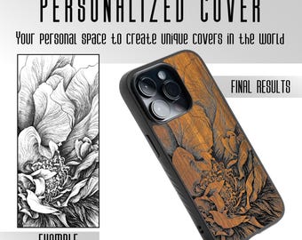 Personalisierte, handgefertigte Handyhülle aus Holz + Lasergravur und Handbemalung, Hülle für alle iPhone-, Samsung- und Google Pixel-Modelle
