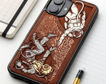 Astronaut - Custodia per telefono in vero legno incisa a laser e pitturata a mano per tutti i modelli iPhone, Samsung e Google Pixel