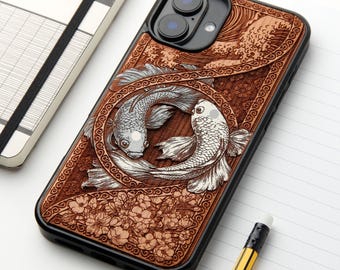 Yin and Yang - Custodia per telefono in vero legno incisa a laser e pitturata a mano per tutti i modelli iPhone, Samsung e Google Pixel