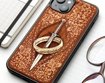 Sword and Ring - Custodia per telefono in vero legno incisa a laser e pitturata a mano per tutti i modelli iPhone, Samsung e Google Pixel