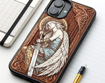 Uriel - Custodia per telefono in vero legno incisa a laser e pitturata a mano per tutti i modelli iPhone, Samsung e Google Pixel