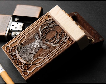 Hirschmotiv – Zigarettenetui aus Holz, lasergraviert und handbemalt – Holzbox mit 10 Zigarettenfächern, Standardgröße, kompakt und elegant