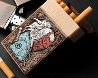 Oni Punk – Zigarettenetui aus Holz, lasergraviert und handbemalt – Holzbox mit 10 Zigarettenfächern, Standardgröße, kompakt und elegant