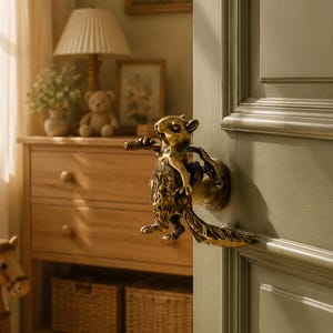 Solid Brass Squirrel Cabinet Knob, Antique Forest Animal Drawer Pull, Rustic Woodland Furniture Handle, Nature Inspired Home Decor