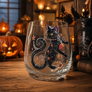 May include: A clear glass tumbler featuring a black cat illustration with a starry pattern, a purple collar, and a small orange jack-o'-lantern charm. The cat is surrounded by several small red stars, and the glass has a rounded, stemless shape.