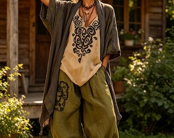 Boho Ethnic Printed Tunic, Wide Leg Pants & Long Cardigan, Lagenlook Summer Outfit