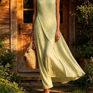 Sage Green Sleeveless Linen Dress, Asymmetrical Hem Cotton Linen Maxi, Minimalist Boho Summer