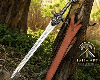 Handmade High Carbon Steel Lion Head Fantasy Longsword Leather Sheath Medieval Display Collectible Gift
