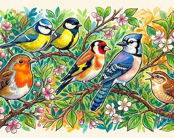 Watercolor Birds Art Print: Organic Wildlife Illustration, Spring Blossom Branches