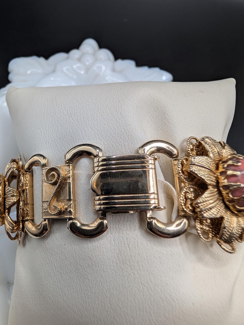 Vintage Ornate Flower Panel Link Bracelet Gold Tone Rhinestone, Faux ...