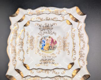 Vintage Porcelain Ashtray Trio Beautiful Lady Design 6"-4"&3"