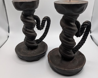 Vintage Castle Core Hancarved Dark Wood Candle Holders with Rope Details