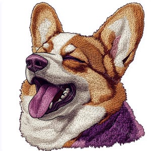 Könnte beinhalten: Detaillierte Illustration eines lächelnden Corgi-Hundes mit herausgestreckter Zunge. Das Fell des Hundes ist eine Mischung aus Braun, Weiß und Lila, mit einer rosa Nase und Zunge. Das Bild ist eine Nahaufnahme des Gesichts des Hundes, die seinen fröhlichen Ausdruck zeigt.