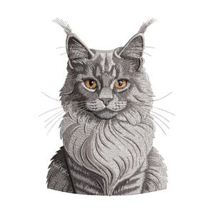 May include: An embroidered patch featuring a detailed portrait of a grey Maine Coon cat with prominent ear tufts and bright amber eyes. The design showcases intricate stitching to represent the cat's thick fur, whiskers, and facial features.