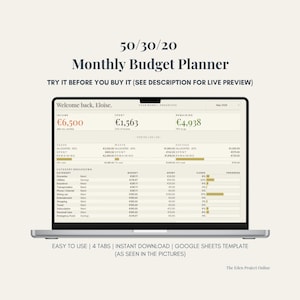 May include: A laptop displaying a monthly budget planner with the text "50/30/20 Monthly Budget Planner." The screen shows income, spending, and remaining funds, with category breakdowns. The text "Easy to use | 4 tabs | Instant download | Google Sheets template" is also visible.
