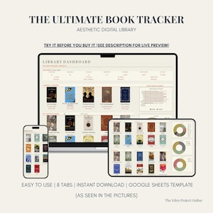 May include: A digital book tracker template displayed on a laptop, tablet, and smartphone. The screen shows a library dashboard with book covers, reading statistics, and charts. Text includes THE ULTIMATE BOOK TRACKER, AESTHETIC DIGITAL LIBRARY, and GOOGLE SHEETS TEMPLATE.
