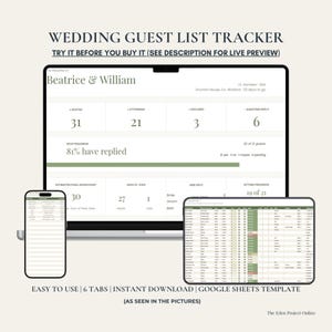 May include: A digital wedding guest list tracker displayed on a laptop, tablet, and phone. The screen shows guest counts, RSVP progress, and seating arrangements. Text includes "Wedding Guest List Tracker" and "Beatrice & William."