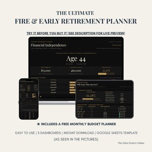 May include: A digital financial planning tool titled The Ultimate FIRE & Early Retirement Planner displayed on a laptop, tablet, and smartphone. The interface features dark backgrounds with gold text, showing data points like Age 44, 875,000, and 61.28%.