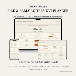 May include: A digital financial planning tool titled The Ultimate FIRE & Early Retirement Planner displayed on a laptop, smartphone, and tablet. The screens show data tables, progress bars, and charts for tracking financial independence goals.