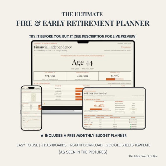 FIRE Calculator Google Sheets Early Retirement Planner Financial Independence Tracker Lean Coast Barista Fat FIRE Spreadsheet Light Mode