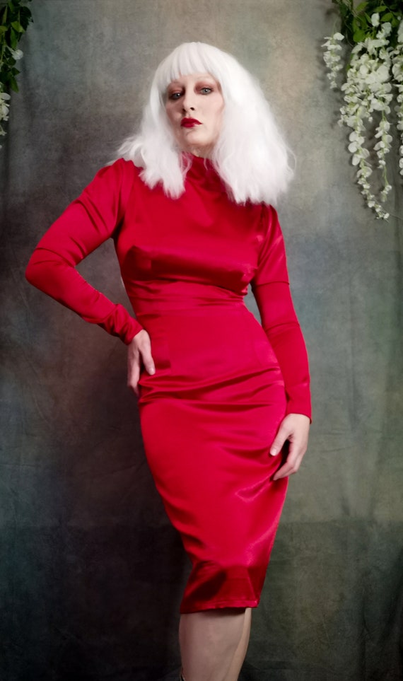 Red Stretch Duchess Satin Wiggle Dress 