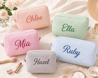 Personalized seersucker makeup bag, cosmetics bag, gift for bridesmaids, bachelorette party gift, makeup organizer, gift for women