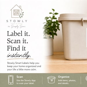 May include: A set of 48 Stowly smart labels featuring a QR code and the text STW-001. The labels are designed for home organization and are used with the Stowly app to scan, organize, and find items. The image includes the text Label it. Scan it. Find it instantly.