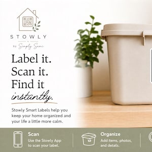 May include: A set of 96 Stowly smart labels featuring a black and white QR code and the text STW-001. The labels are designed for home organization, allowing users to scan, organize, and find items instantly using the Stowly app and digital interface.