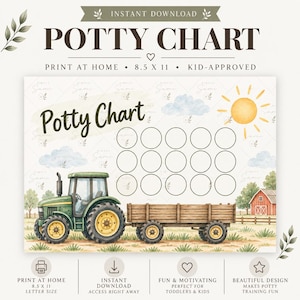 Pode incluir: Uma tabela de desfralde imprimível com um trator verde puxando um reboque de madeira em uma fazenda. O design inclui um sol amarelo, nuvens azuis e quinze círculos vazios para acompanhar o progresso. Texto: Potty Chart, 8.5 x 11.