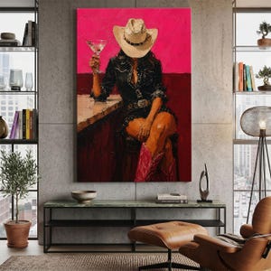 May include: A vertical oil painting on canvas depicting a person wearing a cowboy hat, a dark button-down shirt, and pink cowboy boots. The person is seated at a bar, holding a martini glass. The background features a vibrant hot pink upper section.