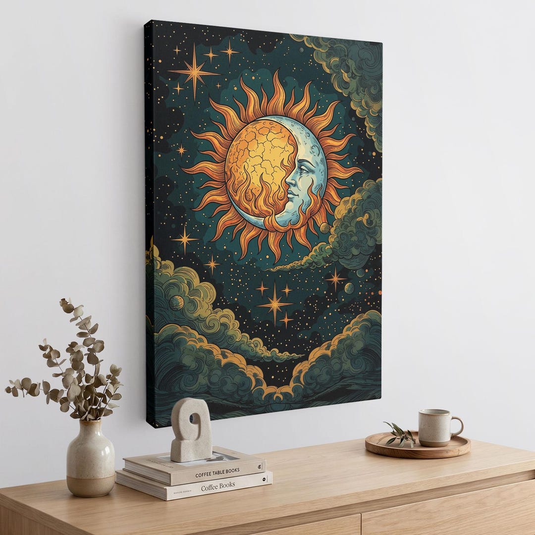 Sun and Moon Wall Art, Celestial Canvas Print, Mystical Boho Decor ...