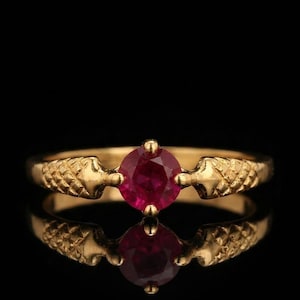 Vintage Lab Ruby Solitaire Ring, Round Cut Ruby Engagement Ring, Yellow Gold plated Promise Ring, Art Deco Wedding Ring,July Birthstone Gift