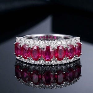 Lab Ruby Eternity Band Ring for Women, Oval Cut Ruby Wedding Band, Diamond Accent Anniversary Ring, Stackable Bridal Jewelry Gift