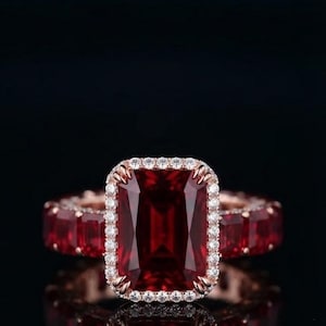 AA+ Good quality Emerald Cut Lab Ruby Ring Ruby Halo Engagement Ring Rose Gold plated Wedding Ring Anniversary Gift Statement Ring for Women