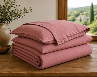 Dusty Rose Stonewashed Linen Duvet Cover Set | Soft Farmhouse Bedding