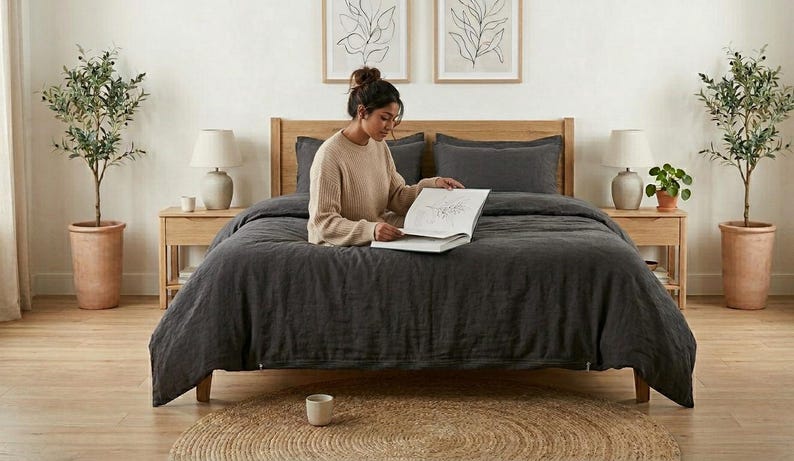 Charcoal gray linen bedding set on a wooden bed in a bright minimalist bedroom, featuring soft washed linen texture, neutral decor, natural light, and modern Scandinavian styling.