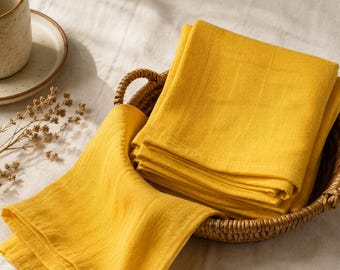 Mustard Yellow Cotton Dinner Napkins, Reusable Fabric Table Linens, Farmhouse Wedding Decor