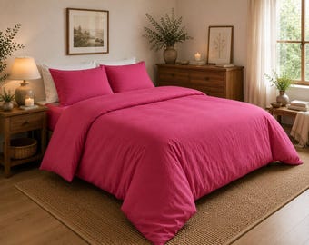 Raspberry 100% Cotton Duvet Cover Set, Soft Breathable Bedding, Minimalist Farmhouse Decor