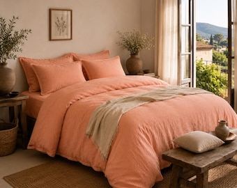 Peach Washed Cotton Duvet Cover Set, 100% Soft Flax Bedding, Farmhouse Minimalist Decor