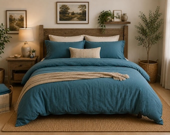 Teal Blue 100% Cotton Duvet Cover Set, Minimalist Modern Bedding with Pillowcases