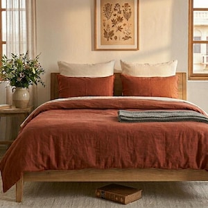 Terracotta Linen Duvet Cover Set | Stonewashed Rust Orange Bedding, Modern Rustic Home
