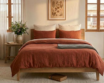 Terracotta Linen Duvet Cover Set | Stonewashed Rust Orange Bedding, Modern Rustic Home