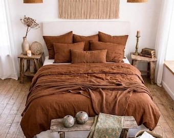 Tobacco Linen Duvet Cover Set | Stonewashed Soft Bedding | Warm Brown Farmhouse Decor