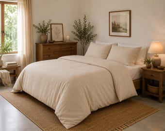 Beige Cotton Duvet Cover Set, 100% Soft Breathable Bedding, Minimalist Farmhouse Style