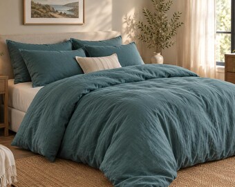 Deep Sea Green Stonewashed Linen Duvet Cover Set, Natural Bedroom Decor