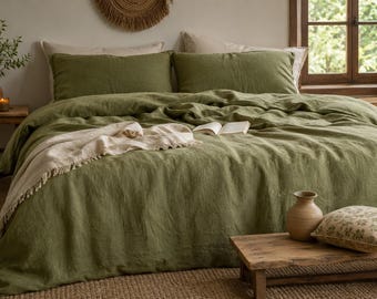 Olive Green Washed Linen Duvet Cover Set, Boho Farmhouse Bedding, Soft Flax Comforter