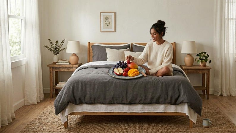 Charcoal gray linen bedding set on a wooden bed in a bright minimalist bedroom, featuring soft washed linen texture, neutral decor, natural light, and modern Scandinavian styling.